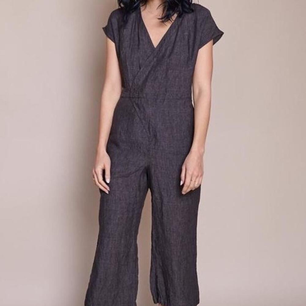 Studio 412 wrap jumpsuit washed black minimalist 100% linen wrap tie waist small